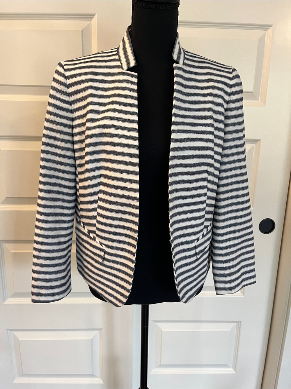Nine West Striped Open-Front Blazer in White and Gray